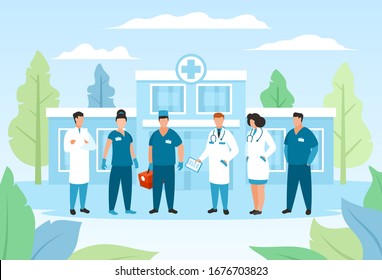 Doctor Group In Hospital, Healthcare Vector Illustration. Cartoon Staff Medical Character, Man Woman Doctor, Nurse In Professional Uniform Standing Near Hospital Building, Flat Team Medicine People