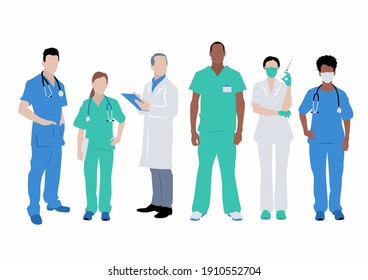 Doctor group vector. Medical profession illustration. Nurses, surgeons and therapists in uniform.