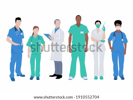 Doctor group vector. Medical profession illustration. Nurses, surgeons and therapists in uniform.