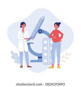 Doctor gynecologist checkup and consults female pregnant patient for preservation of pregnancy. Treatment of reproductive system and infertility. Flat isolated vector illustration.