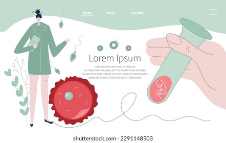 doctor, gynecologist planning pregnancy, artificial insemination, cycle, ovulation and  menstrual period PMS. Hand hold test-tube with embryo. Illustration good for medical clinic web landing page.