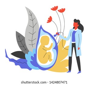 Doctor gynecologist and pregnancy medicine isolated abstract icon vector baby in uretus ultrasound medical diagnostic healthcare and treatment woman in robe with tool unborn child development