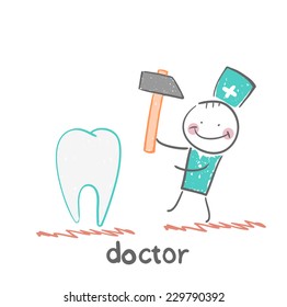 doctor hammers on the tooth