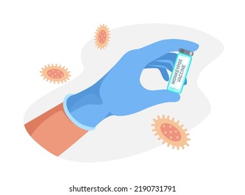 Doctor hand in blue medical glove holding bottle with monkeypox  vaccine. Vaccination shot, medicine and drug concept. Flat vector illustration.