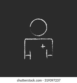 Doctor hand drawn in chalk on a blackboard vector white icon isolated on a black background.