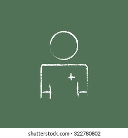 Doctor hand drawn in chalk on a blackboard vector white icon isolated on a green background.
