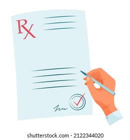 The doctor hand fills out the RX medical form with pen. Pharmacy prescription for medicines.