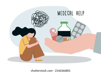 Doctor Hand Give Female Patient Dose Of Pills. Idea Of Medical Therapy For Sad Woman. Drugs And Painkiller Glass Bottle. Medicine Healthcare And Mental Help. Illness Treatment. Vector Illustration