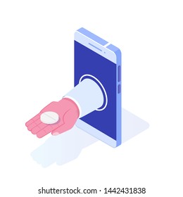 Doctor Hand giving pill of smartphone. Vector isometric illustration