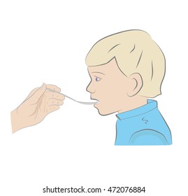 Doctor hand giving spoon dose of medicine liquid drinking syrup to child boy patient. vector illustration
