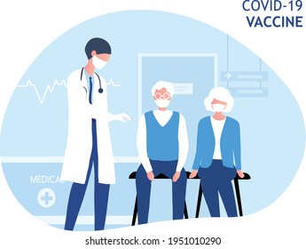 Doctor hand giving vaccine Covid-19 to older people. Vaccination and prevention against covid-19 coronavirus disease pandemic vector illustration