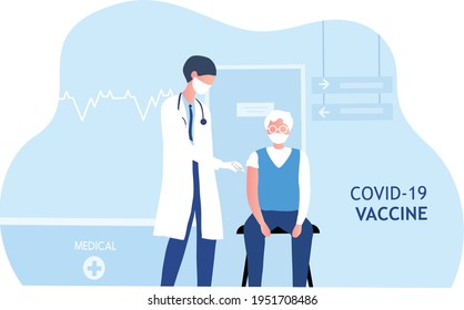 Doctor Hand Giving Vaccine Covid-19 To Older Man.Vaccination And Prevention Against Covid-19 Coronavirus Disease Pandemic Vector Illustration