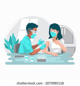 Doctor hand giving vaccine Covid-19 to a patient's shoulder. Vaccination and prevention against covid-19 coronavirus disease pandemic vector illustration