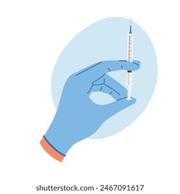 Doctor hand in gloves with syringe with vaccine liquid. Nurse hand in medical gloves hold syringe and ampoule with medicine. Vaccination concept
