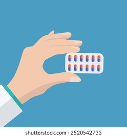 doctor hand holding blister pack of pills. Healthcare concept. Take pills. Hands pharmacist. vector illustration in flat style