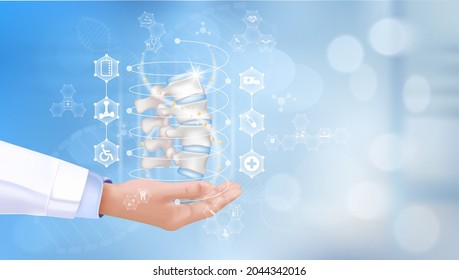 Doctor Hand Holding Bone Human Joints With The Skeleton Anatomy Of The Body. Icon Medical Network Connection And Health Care. Medical Science Technology Concept.  Realistic 3D Vector.