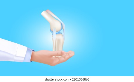 Doctor hand holding bone knee joint with the skeleton anatomy of the body isolated on blue background with copy space for text. Medical science and health care concept. Realistic 3D Vector.