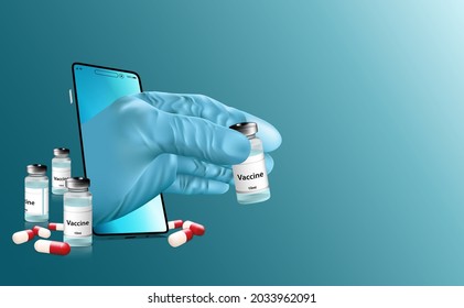 Doctor hand holding bottle vaccine pharmaceutical fling on the mobile phone screen, concept consultation long-distance online telemedicine, home isolation quarantine to prevent the spread of COVID-19