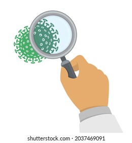Doctor hand holding magnifier, researching germs, bacteria or viruses. Viruses visible with magnifier glass. Coronavirus COVID-19 infection under a magnifying glass. Vector illustration EPS 10.