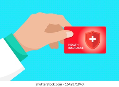 Doctor Hand Holding Medical Health Insurance Red Card. Healthcare Service Concept Isolated Vector Illustration