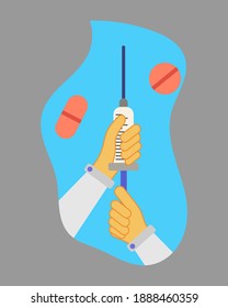 Doctor hand holding medical injection, vector illustration, flat design style