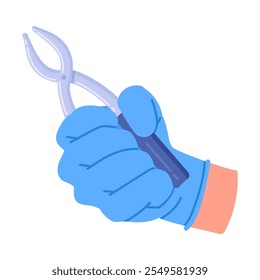 Doctor hand holding medical pliers. Medical worker hold professional tool, medical cutters in nurse hand flat vector illustration. Cartoon medical equipment in doctors hand