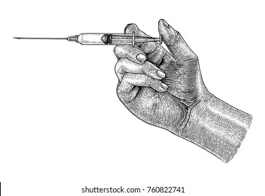 Doctor hand holding medical syringe,Hand drawing vintage style