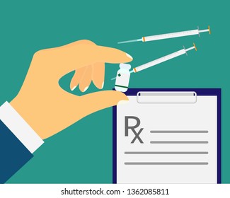 doctor hand holding medicine vial and rx from prescription and injection needle on the green background