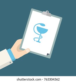 Doctor Hand Holding Notepad with Pharmacy Symbol Medical Caduceus. Flat Design. Vector Illustration