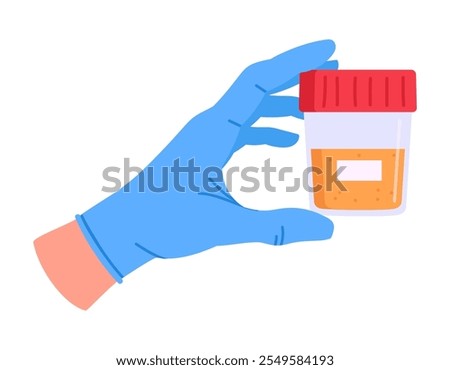 Doctor hand holding sample jar. Medical worker hold plastic urine sample jar flat vector illustration. Cartoon medical equipment in doctors hand