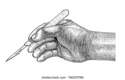 Doctor Hand Holding Scalpel,Surgical Drawing Vintage Style On White Background