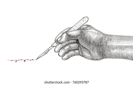 Doctor Hand Holding Scalpel,Surgical Drawing Vintage Style On White Background