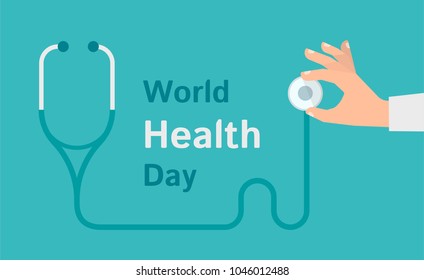 A Doctor hand holding a stethoscope. Banner with text. World Health day concept. Vector flat illustration