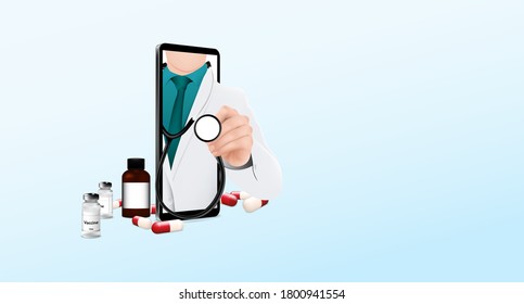 Doctor Hand Holding Stethoscope Checking Pulse Medical Records And Giving A Prescription On Mobile Phone Screen, Concept Consultation Long Distance Communication Digital Online Form Telemedicine