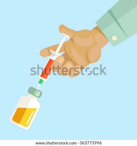 Doctor hand is holding syringe. Vector flat illustration