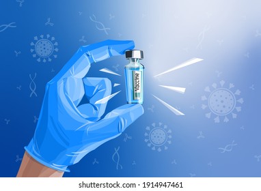 The doctor hand holds an ampoule of vaccine against the virus