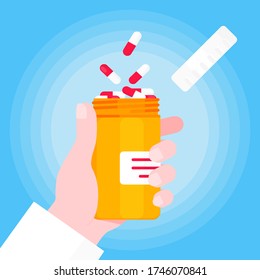 Doctor hand holds open pill bottle for capsules or tablets flat style design vector illustration. Medical container jar bottle for pills and medicine treatment isolated on white background.