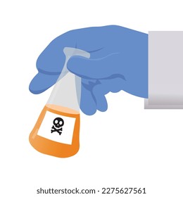 Doctor hand holds retort with toxic orange liquid, isolated photo on a white background. Death symbol on a glass container.