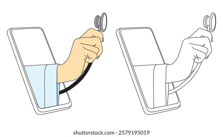 Doctor Hand Out Of Smartphone Screen Holding Stethoscope. Medical Diagnostics Concept Analysis, Research. Line Draw, Vector Illustration