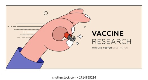 Doctor hand with pill. Coronavirus vaccine research concept. Covid medcicine and drug illustration. Eps10 vector