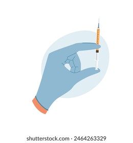 Doctor hand in rubber glove holding syringe with liquid for injection. Vaccination concept
