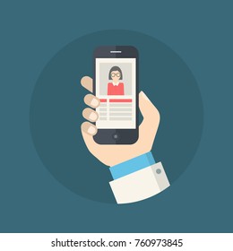 Doctor Hand with a Smartphone Viewing Patient Information. Flat Design. Vector Illustration