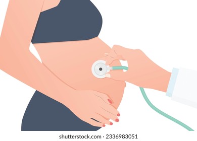 doctor hand with stethoscope examining pregnant woman; prenatal care; safety checks of the child in the womb- vector illustration
