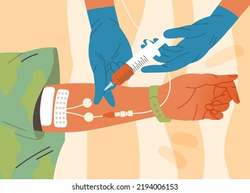 Doctor Hand With Syringe Drawing Blood From Patient Lying On Hospital Cot Vector Illustration