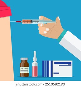 Doctor hand with syringe making vaccination of patient. Ampoule and syringe with medicament. Vaccination concept. Healthcare, hospital and medical diagnostics. Vector illustration in flat style