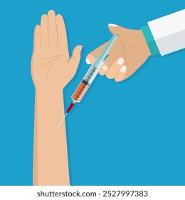 Médico com a seringa fazendo a vacinação do paciente. Cuidados de saúde, hospitais e diagnóstico médico. Ilustração vetorial em estilo plano