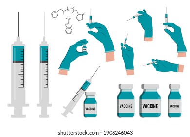 doctor hand wear glove holding syringe with needle shot for injection, vial of medicine with syringe and ampoule with vaccine or medicine. Doctor hands making an injection. Vaccination.