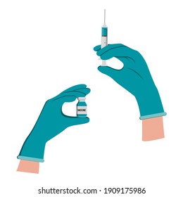 doctor hand wear glove holding syringe with needle shot for injection, vial of medicine with syringe and ampoule with vaccine or medicine. flat vector illustration.