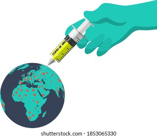 doctor hand wearing glove injecting syringe of Coronavirus vaccine concept, syringe of vaccine and needle planting on the planet earth with red Coronavirus COVID-19 pathogen around.