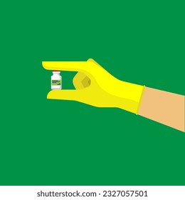 A doctor hand wearing yellow glove holding capsule of medicine, vaccination pharmacy and healthcare concept, editable shape object copy space for text and design, analogous color